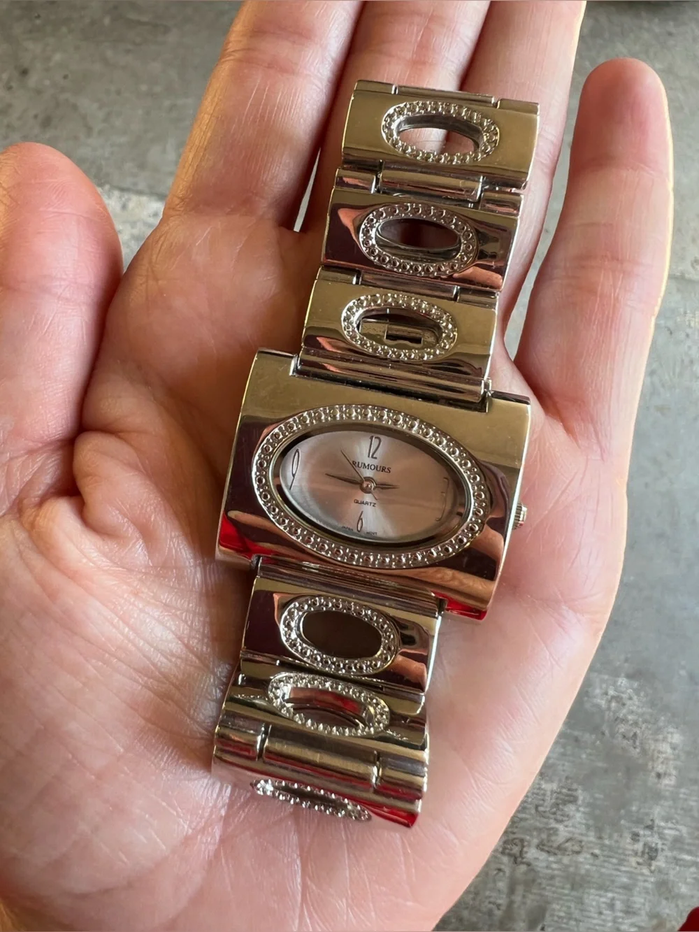 Rumours Silver Tone Oval Link Bracelet Watch with Crystal Accents